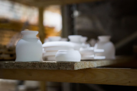 articles of clay made by slip forming using plaster molds a master with 13 years of experience. drying on a rack with shelves from chipboard. glasses, plates.の写真素材