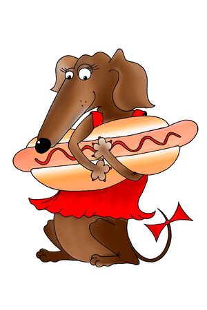Funny hot dog greeting card with a dachshund dog in a red dress as an invitation card on National Hot Dog Day a American foodの写真素材
