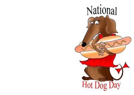 Funny hot dog greeting card with a dachshund dog in a red dress as an invitation card on National Hot Dog Day a American foodの写真素材