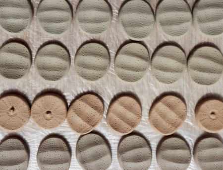 clay samplers dry. Spanish stone masses in the form of round pellets for testing glazes.