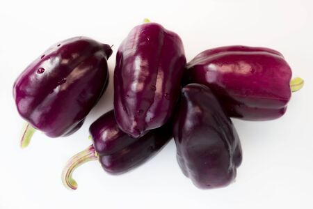 five violet peppers on a white background.の写真素材