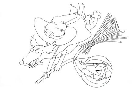 Invitation card on Halloween. Dachshund on a broomstick with a pumpkin and a costume. Digital - download and print. Coloring page Halloweenの写真素材