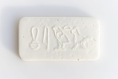 clay tablet with the inscription cat in ancient egyptian. modern handwork. hieroglyph cat