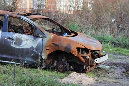 skeleton from a burnt passenger car is in the forest. rusty bodyの写真素材