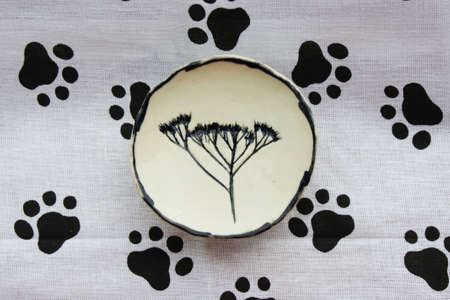 small ceramic plate with a plant print. made from a layer of clay. handmade.の写真素材