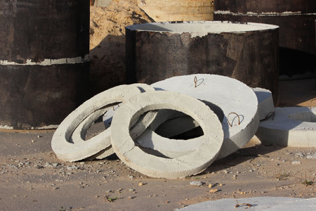 concrete rainwater rings. repair, construction and expansion of the road to the cityの写真素材