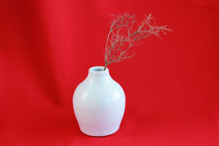 white vase on a red background. authors ceramics. made on a potters wheel by handの写真素材