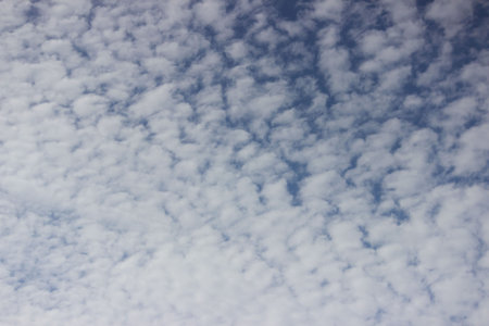 blue sky with cirrus clouds. evenly distributed white clouds over a blue and light blue background