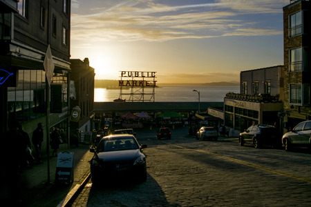 The Public Market in Seattle at Sunsetのeditorial素材