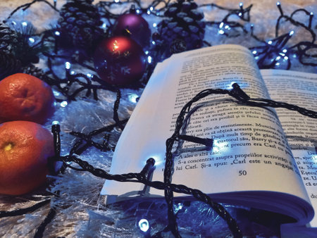 Christmas Decoration and book with opened pages.の写真素材