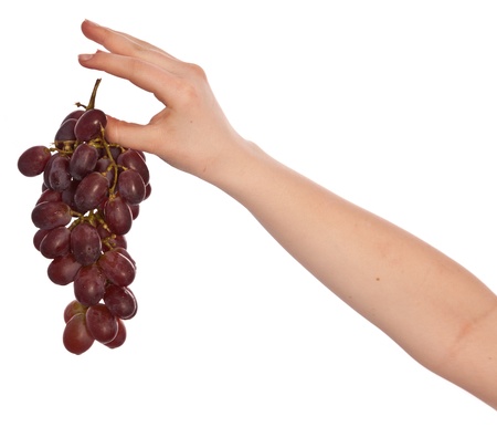 hand holding grapes isolated on a white backgroundの写真素材