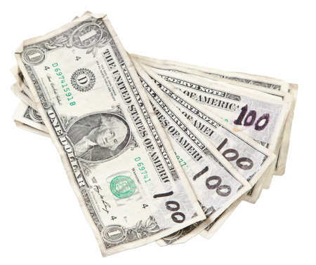 one dollar bills with tape and one hundred written on them in black