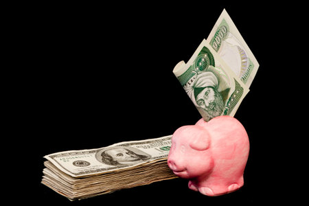 ten thousand Iraqui dinar bill in a pink piggy bank and a bunch of hundred dollar bills isolated on...
