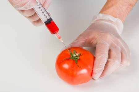 syringe injecting red steroids into a tomato representing gmo products on a white tableの写真素材