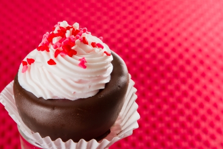 beautiful individual mini sweet dessert closeup hand made and decorated on a red backgroundの写真素材