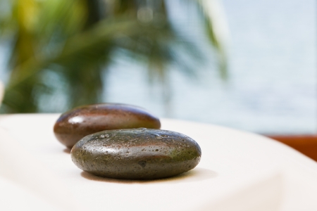 close up of two hot stones ready for a massage with palm trees on the backgroundの写真素材