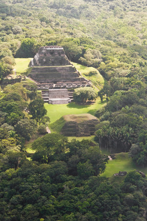 Aerial view of Xunantunich, Mara Ruins in the jungle of Belizeの写真素材