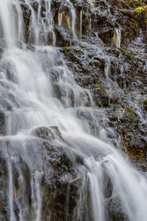 closeup of a waterfall in Oregon with beautiful rock formations behind itの写真素材