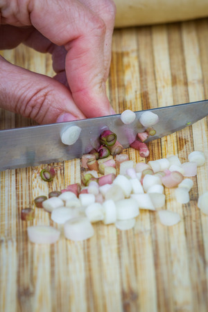 slicing and dicing fresh organic ramps or wild leeks on a cutting boardの写真素材