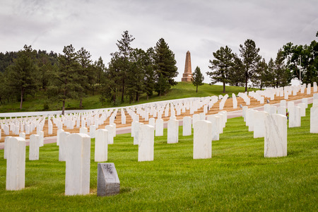 rows of tombstones in a military graveyard with bright green spring grassのeditorial素材