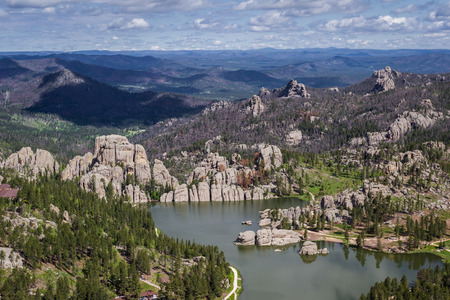 Aerial view of sylvan lake and granite formations in the Black Hillsの写真素材