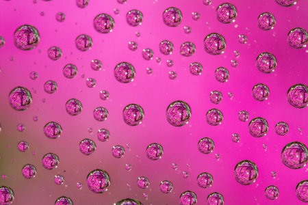close up of multiple water drops of all sizes with a garden of  pink flowers reflected in each drop