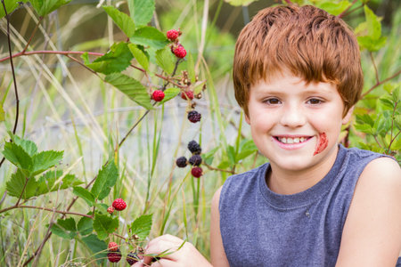 portrait of a young boy eating fresh blackberries with a smudged faced