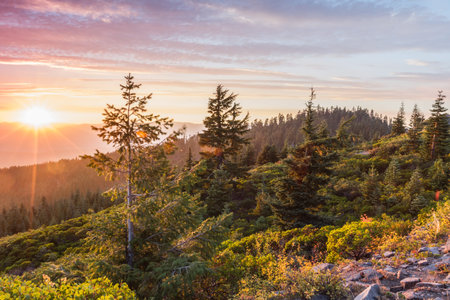 beautiful sunset from the top of Red Blanket Mountain in Oregon, some smoke in the air form forest...