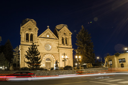 twilight view of the Basilica of St francis in Santa Fe, New Mexicoの写真素材