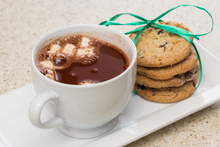 hot chocolate with marshmallows and home made chocolate chip cookies on a plateの写真素材