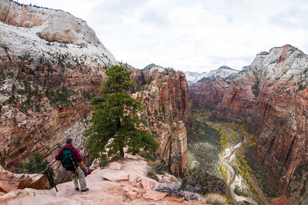 Zion National Park Utah - November 13 : hikers on a narrow stretch of the Angels Landing trail in Zion national park. November 13 2014 in Zion NP, Utahのeditorial素材