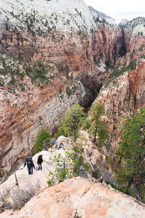 Zion National Park Utah - November 13 : hikers on a narrow stretch of the Angels Landing trail in Zion national park. November 13 2014 in Zion NP, Utahのeditorial素材
