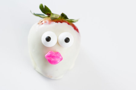 chocolate covered strawberry hand dipped and decorated with eyes and pink lipsの写真素材