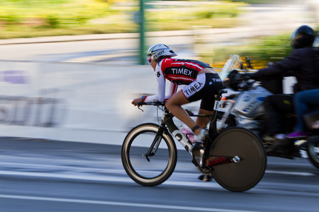 COEUR D ALENE, ID -  JUNE 23: Triathlete on the bike part of the ironman triathlon, June 23 2013 in Coeur d' Alene Idahoのeditorial素材