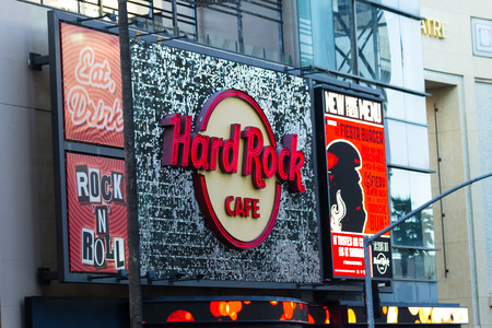 Hollywood, California - February 08 : Hard Rock Cafe sign on Hollywood Blvd, February 08 2015 in Hollywood, California.のeditorial素材
