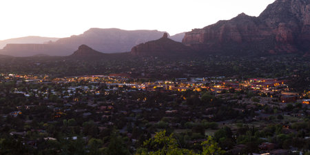 red rock landscape with houses and businesses in Sedona Arizonaの写真素材