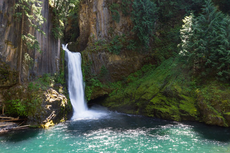 Beautiful Toketee Falls in Oregon, photo taken on a bright clear day with vivid colorsの写真素材