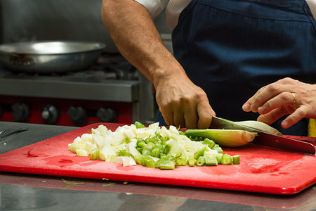 close up of a chef's hands slicing fresh fennel in a restaurant