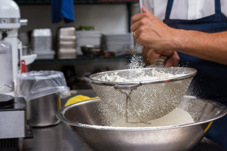 professional chef sifting a mix of ingredients into a large bowl