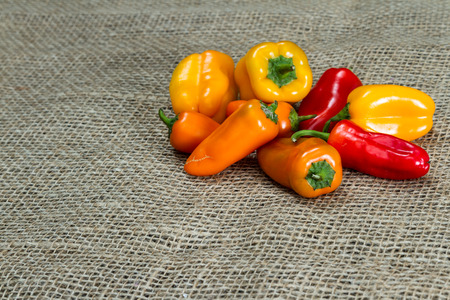 red, orange and yellow sweet peppers on a burlap backgroundの写真素材