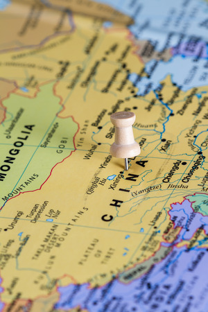 Close up of the country of China on a world map to be used as a conceptの写真素材
