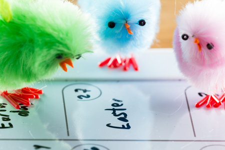 close up of a calendar with the word easter and pastel color fuzzy chicks as a spring concept