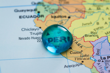 close up of a world map with the word peru in focusの写真素材