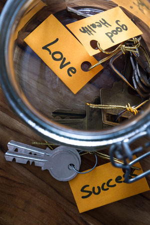 concept image using hand written tags and and old jar with the keys to life in itの写真素材