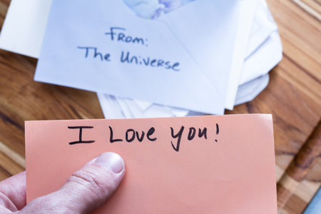 concept for a self esteem building exercise using an envelope and a empowering messageの写真素材