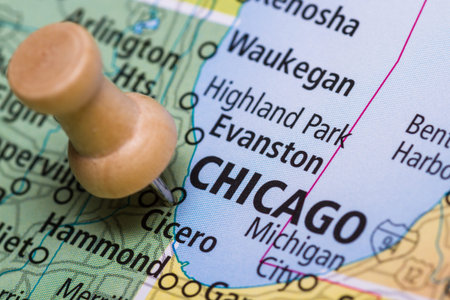 US map with Chicago in focus and a pin marking the spot