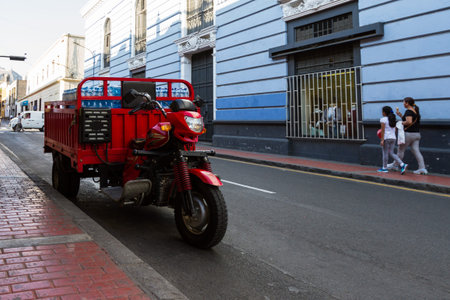 Lima - May 10 : interesting delivery motorcycle with a pickup bed in Lima. May 10 2016 Lima Peru.