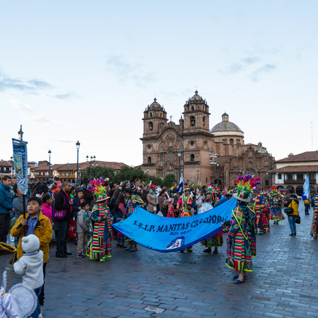 Cusco, Peru - May 13: Native people of Cusco dressed in colorful clothing in a religious celebration for Nuestra SeÃ±ora de Fatima. May 13 2016, Cusco Peru.のeditorial素材