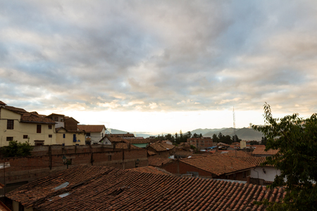 Cusco, Peru - May 12 : View from a hotel room at the rooftop and buildings in the city of Cuzco. May 12 2016, Cusco Peru.のeditorial素材