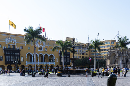 Lima - May 10 : Municipal building in the Plaza Mayor de Armas. May 10 2016 Lima Peru.のeditorial素材
